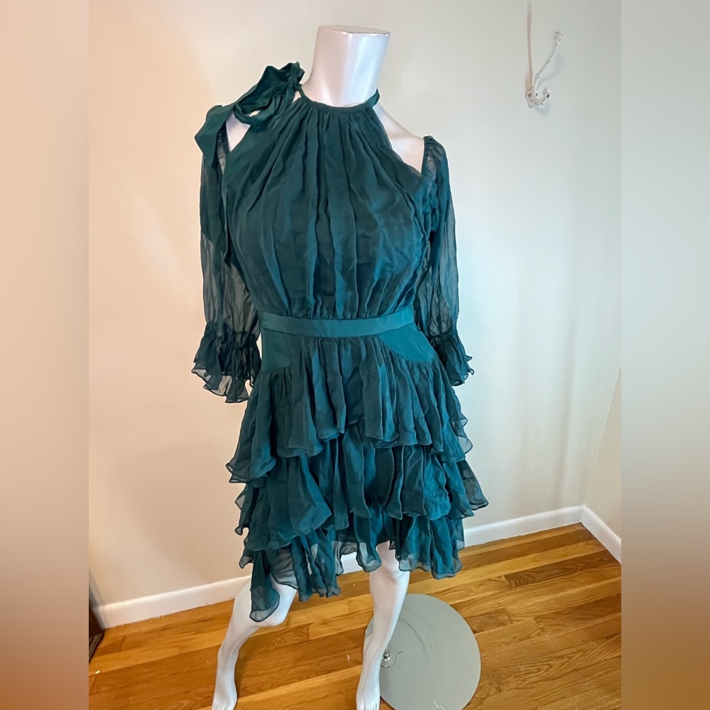 Cinq A Sept Elsa Dress in Everglade Cold Shoulder Ruffle Women’s Size 6 - Picture 2 of 14